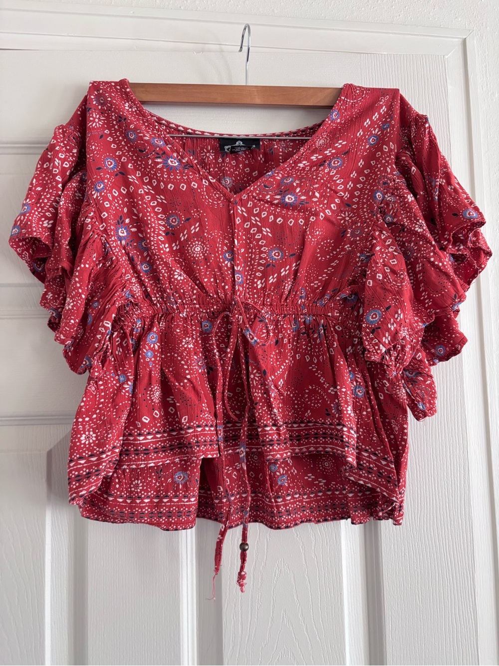 Angie Red Printed Peasant Blouse with Tie Front